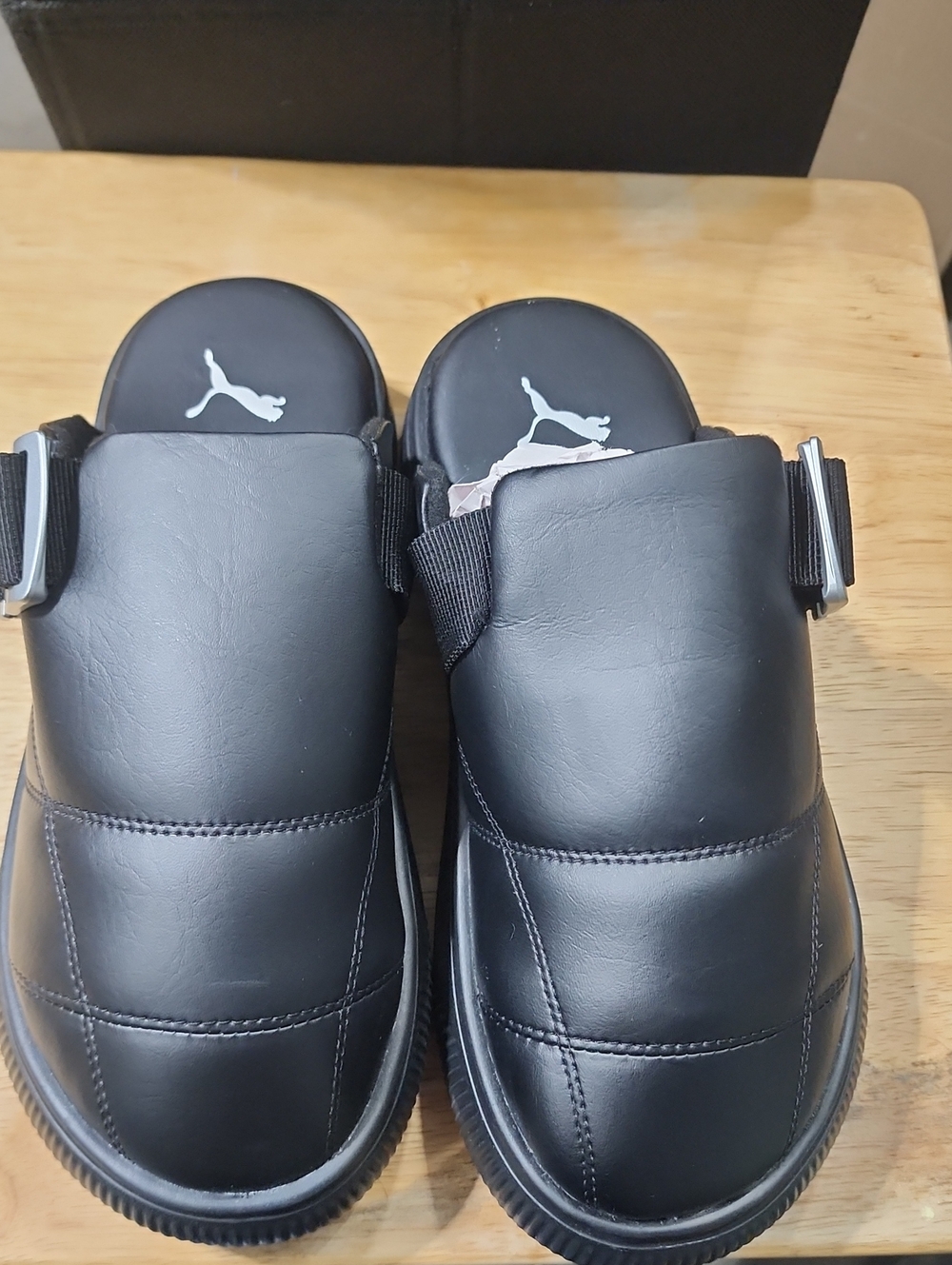 Puma Men’s Black Leather-Look Slide Clogs with Buckle Strap